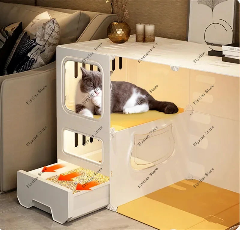Home Cat Cages  Litter Box Integrated Transparent  Villa Indoor Fence Pet Cabinet with Closed Toilet  House Ek